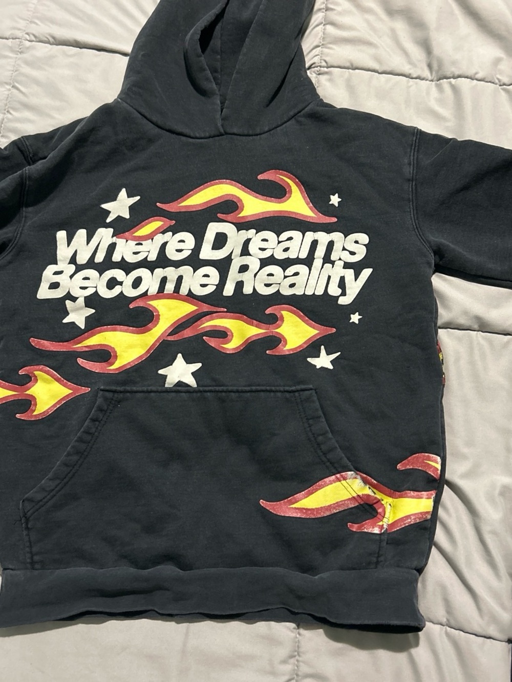 PacSun Black Hoodie with Yellow & Red Flame Graphics